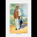Illustration of a character in traditional Bengali attire from Rabindranath Tagore's short story "The Babus of Nayanjore". The character is a Bengali Babu, depicted wearing a brown blazer over a white dhoti and holding a black umbrella, symbolizing the fusion of Western and Indian cultures that Tagore often explored in his works.