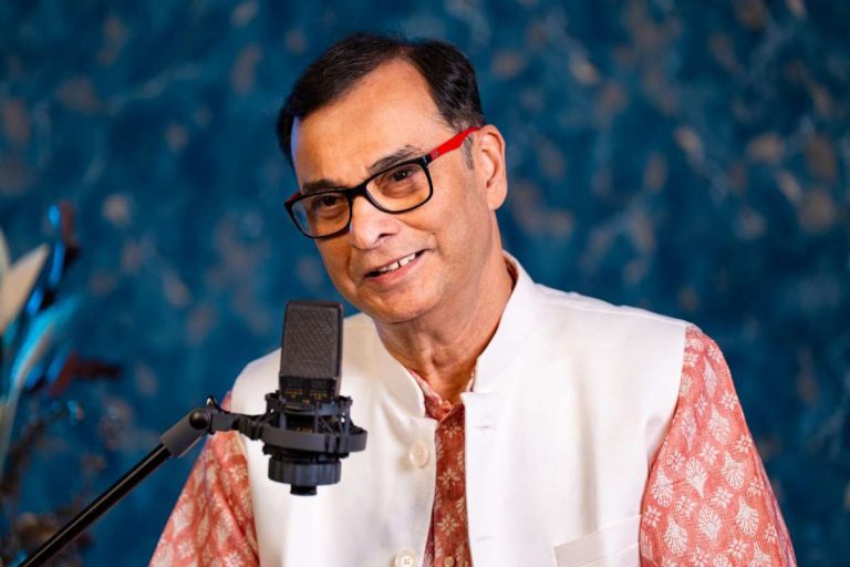 Phalguni Mookhopadhayay, singer and Founder-Chancellor of Brainware University, recording Bengali songs.