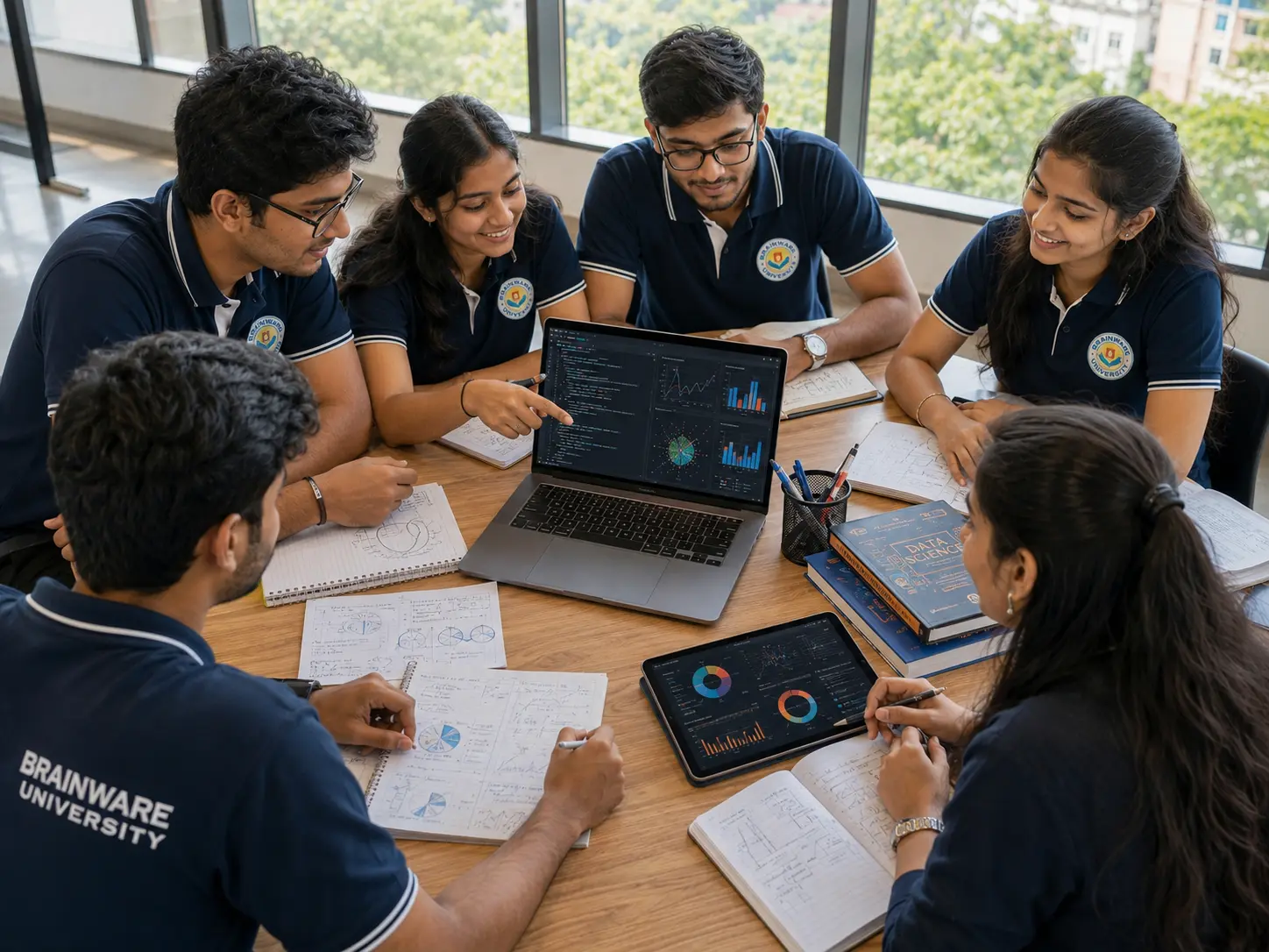 Students reviewing a college comparison code with a laptop