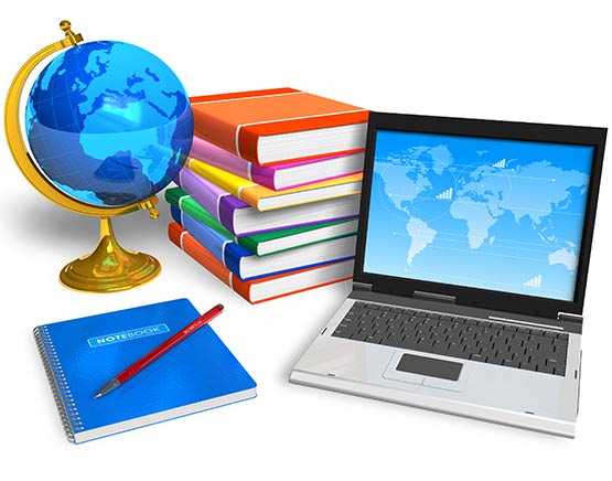 Notebook with pencil, books, globe and a laptop